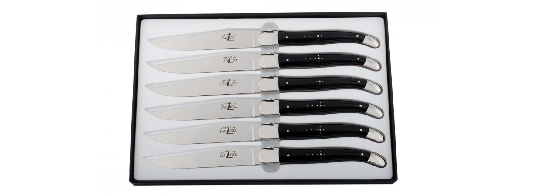 Set med 6 handgjorda köttknivar med handtag av svart kohorn - Forge de Laguiole