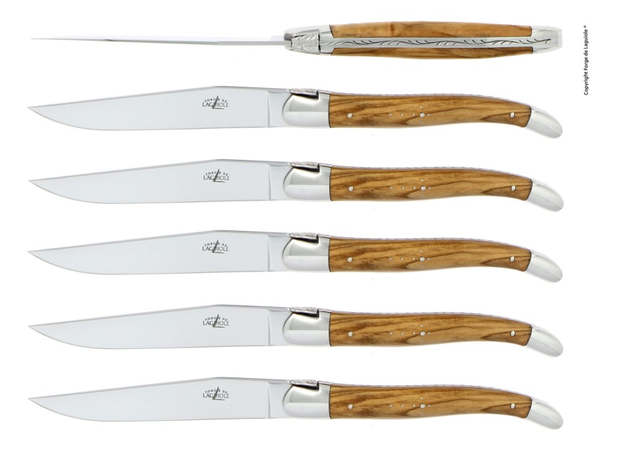 Set med 6 handgjorda köttknivar, handtag av olivträ - Forge de Laguiole