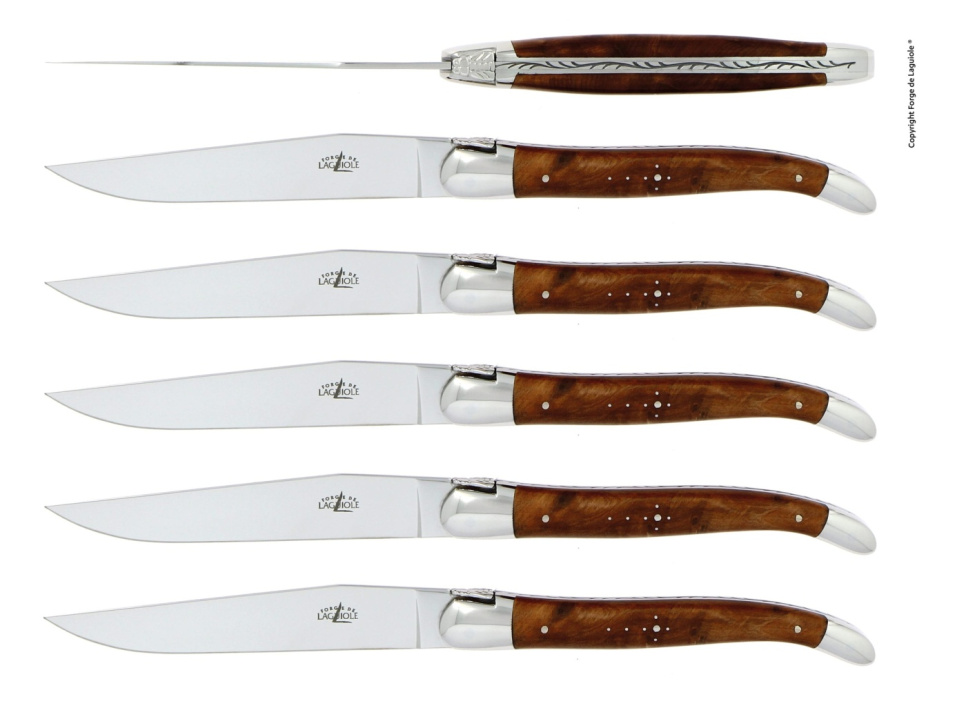 Set med 6 handgjorda kötknivar, handtag av tuja - Forge de Laguiole i gruppen Dukning / Bestick / Knivar hos KitchenLab (1446-13141)