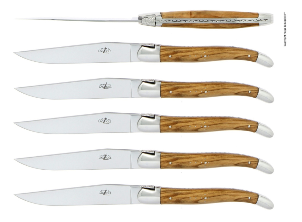 Set med 6 handgjorda köttknivar, handtag av olivträ - Forge de Laguiole i gruppen Dukning / Bestick / Knivar hos The Kitchen Lab (1446-26107)