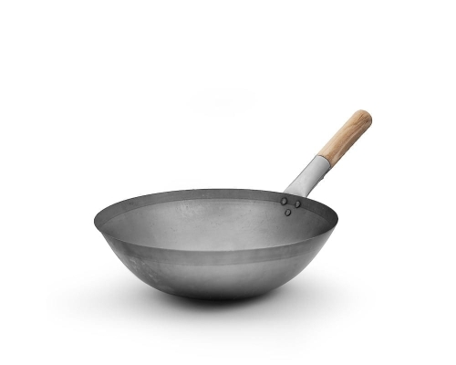Wokpanna kolstål 36 cm med trähandtag (rund botten) - Sunnex