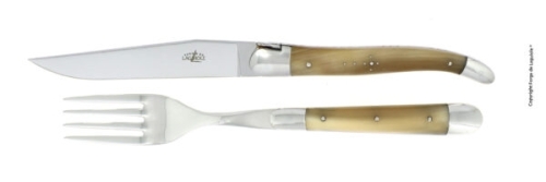 Kniv och gaffel, handtag av Ljust Horn, blank, Tradition - Forge de Laguiole