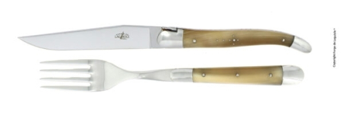 Kniv och gaffel, handtag av Ljust Horn, blank, Tradition - Forge de Laguiole
