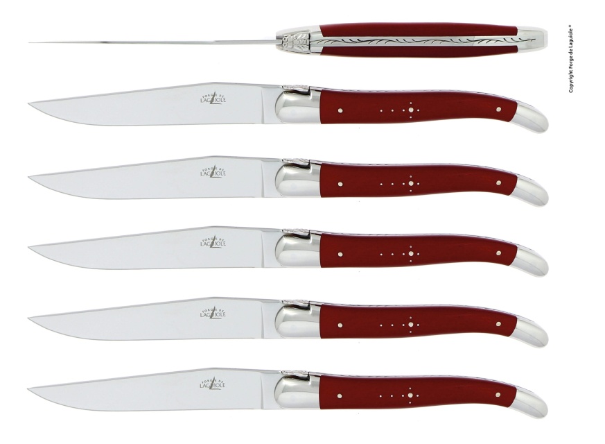 Set med 6 handgjorda köttknivar, handtag av röd micarta - Forge de Laguiole