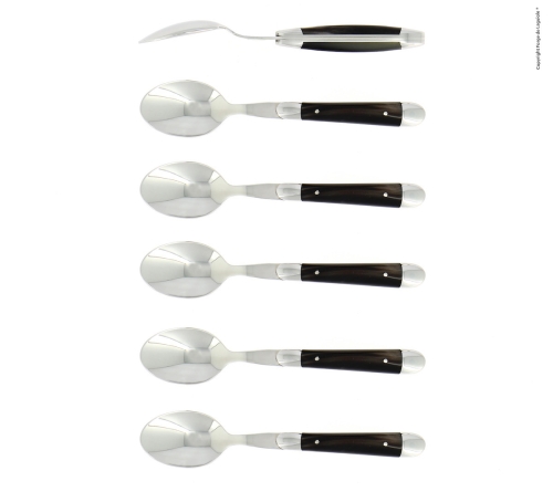 Sex dessertskedar, Handtag av Mörkt Horn, blank, Tradition - Forge de Laguiole
