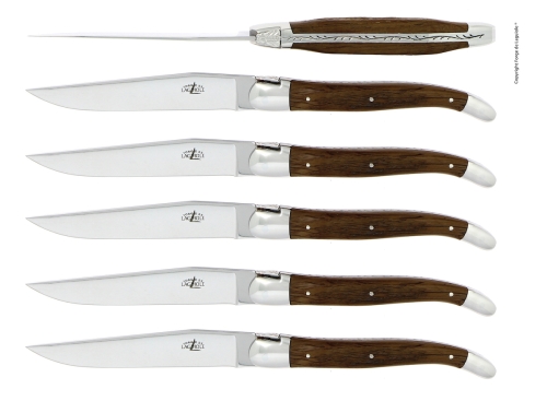 Sex knivar, Handtag av Bark från Förstenad Ek, blank, Tradition - Forge de Laguiole