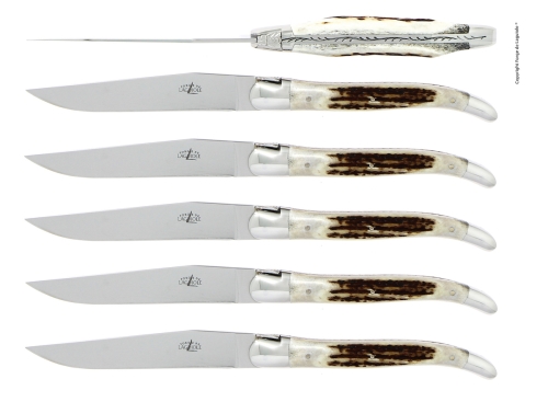 Sex knivar, Handtag av Hjorthorn, blank, Tradition - Forge de Laguiole