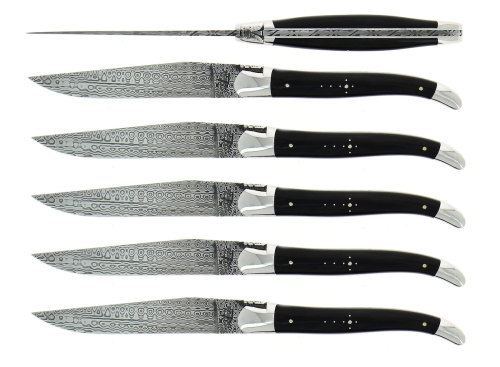 Sex knivar, Handtag av Mörkt Horn, damaskerade, Collection - Forge de Laguiole