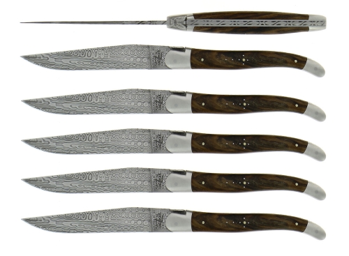 Sex knivar, Handtag av Valnöt, damaskerad matt, Collection - Forge de Laguiole