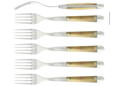Sex gafflar, Handtag av Ljust Horn, blank, Tradition - Forge de Laguiole