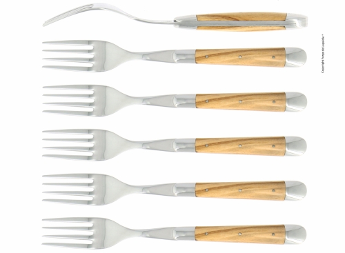 Sex gafflar, Handtag av Oliv, blank, Tradition - Forge de Laguiole