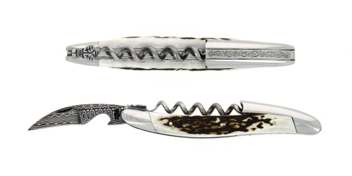 Sommelierkniv av Hjorthorn, damaskerad m dekor, Collection - Forge de Laguiole