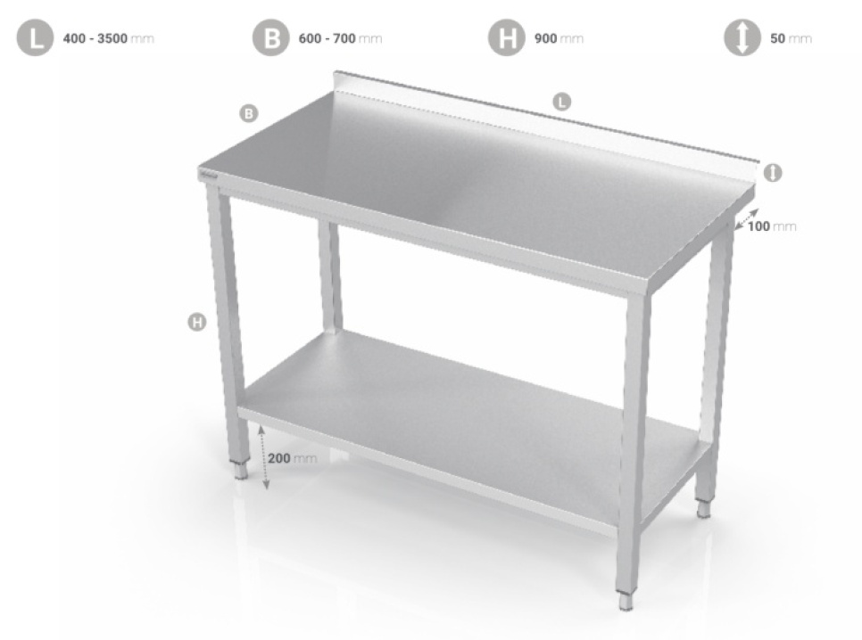 Rostfri bänk med slät underhylla i gruppen Köksinredning / Rostfri inredning / Rostfria bänkar hos The Kitchen Lab (1102-20969)