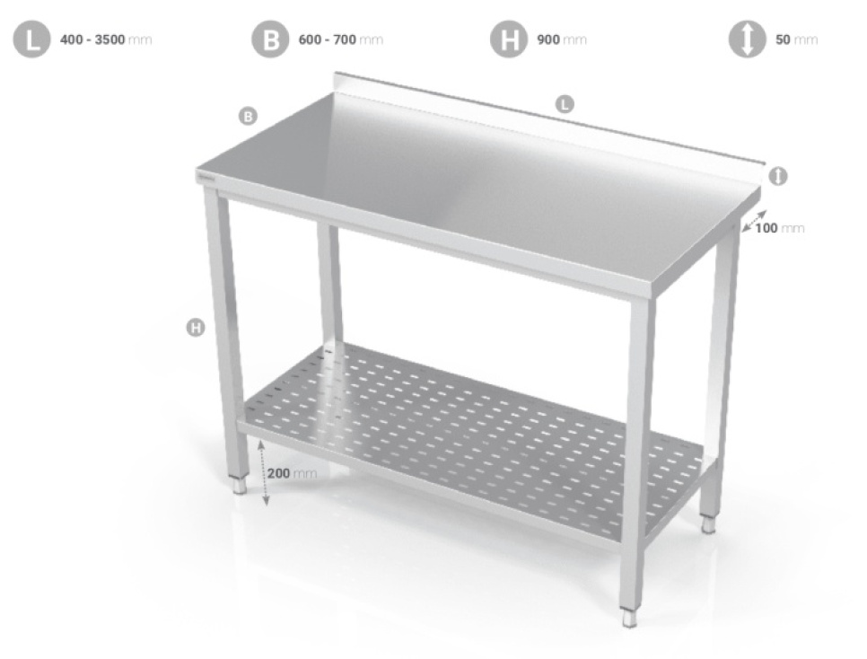 Rostfri bänk med perforerad underhylla i gruppen Köksinredning / Rostfri inredning / Rostfria bänkar hos The Kitchen Lab (1102-21162)