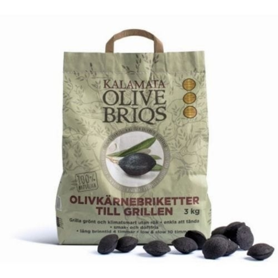 Olive Briqs, kolbriketter, 3kg - Kalamata i gruppen Grillar, Spisar & Ugnar / Grillkol & briketter / Briketter hos KitchenLab (1282-25186)