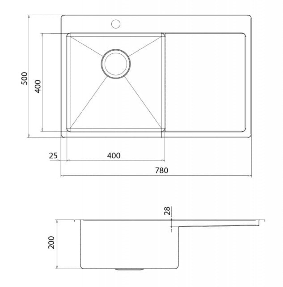 Rostfri diskho 780 x 500 mm med avställningsyta till höger