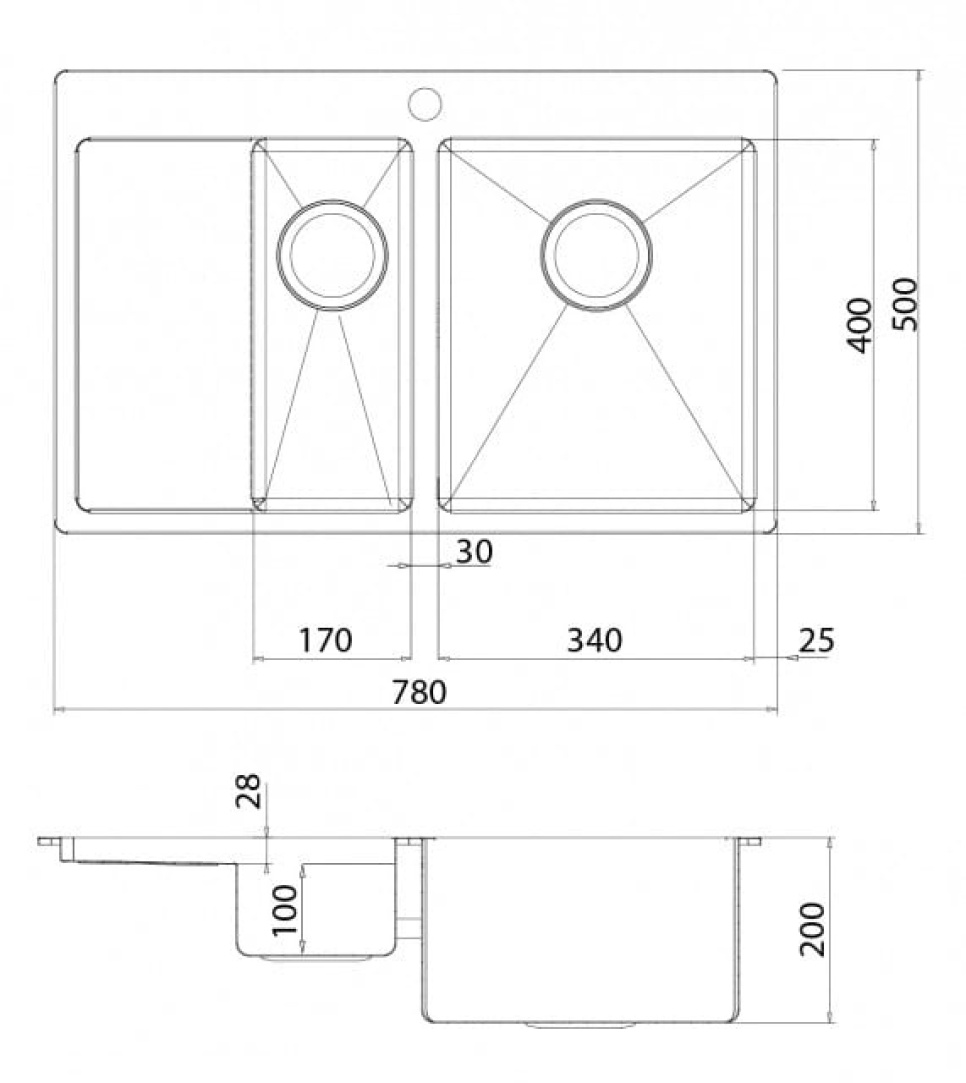 Rostfri diskho dubbel 780 x 500 mm med avställningsyta till vänster
