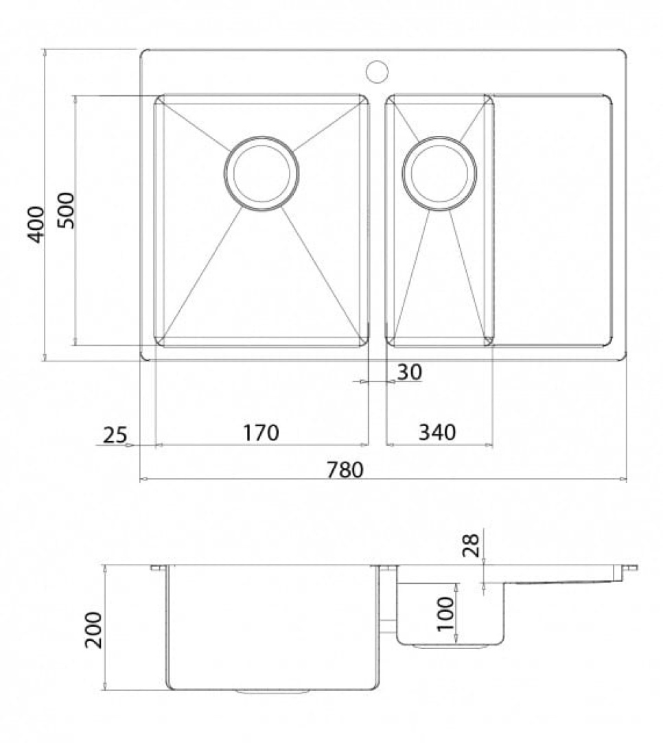 Rostfri diskho dubbel 780 x 500 mm med avställningsyta till höger