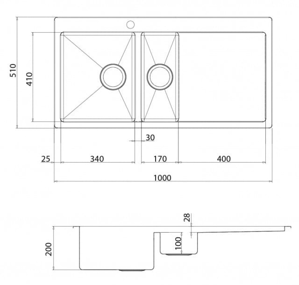 Rostfri diskho dubbel 1000 x 510 mm med avställningsyta till höger