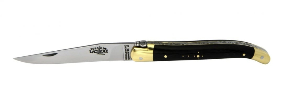 Köttkniv med fällbart blad, mässingsbolster, svart handtag - Forge de Laguiole Köttkniv med fällbart blad, mässingsbolster, svart handtag - Forge de Laguiole