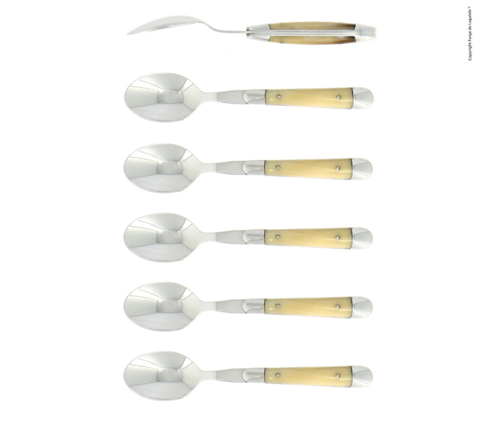 Sex dessertskedar, Handtag av Ljust Horn, blank, Tradition - Forge de Laguiole i gruppen Dukning / Bestick / Skedar hos KitchenLab (1446-32905)