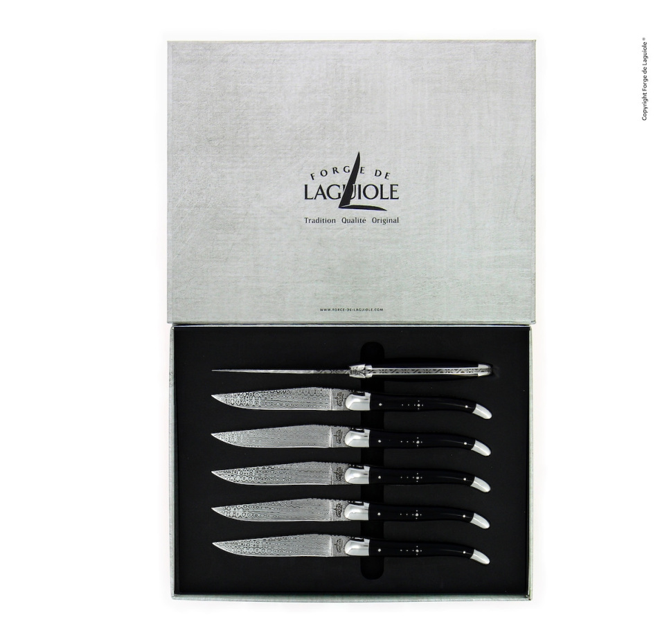 Sex knivar, Handtag av Mörkt Horn, damaskerade, Collection - Forge de Laguiole