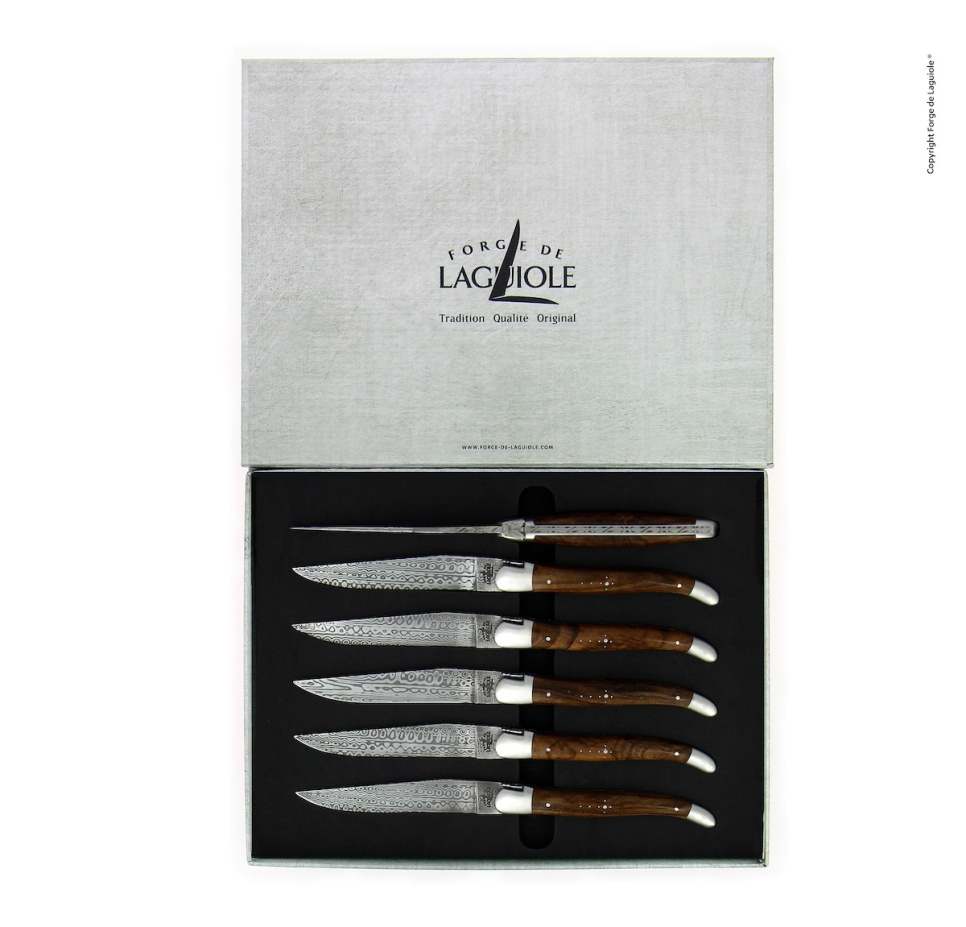 Sex knivar, Handtag av Valnöt, damaskerad matt, Collection - Forge de Laguiole