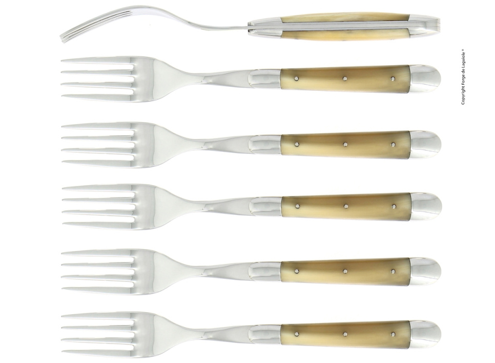 Sex gafflar, Handtag av Ljust Horn, blank, Tradition - Forge de Laguiole i gruppen Dukning / Bestick / Gafflar hos KitchenLab (1446-32928)