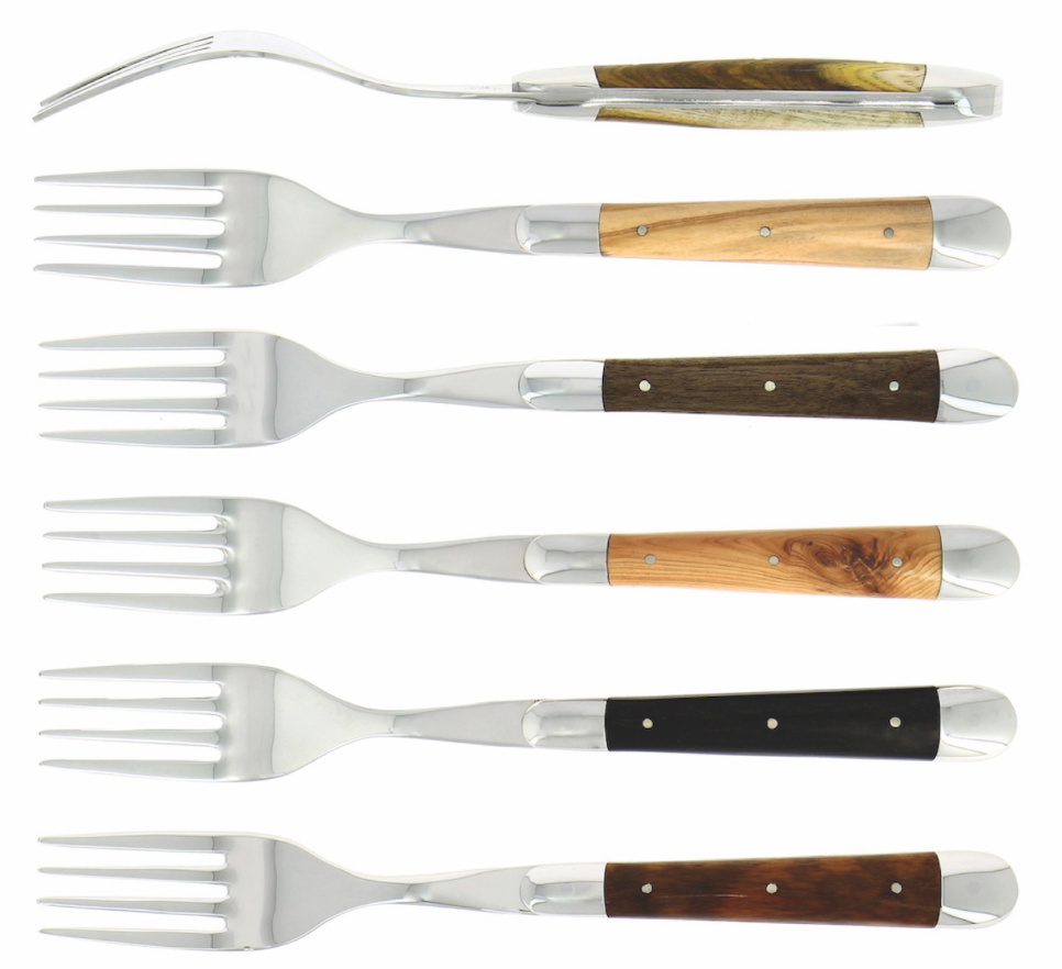 Sex gafflar, Handtag av olika ädelträslag, blank, Tradition - Forge de Laguiole i gruppen Dukning / Bestick / Gafflar hos KitchenLab (1446-32929)