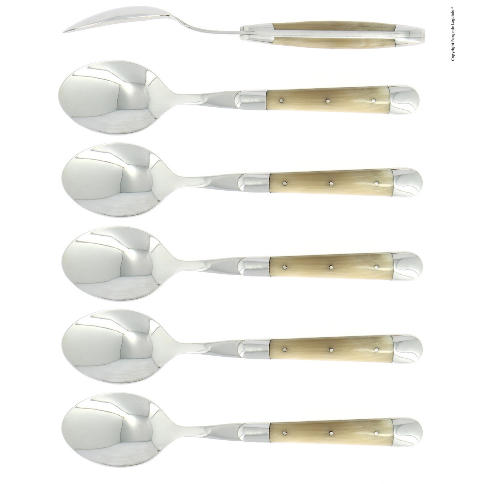 Sex skedar, Handtag av Ljust Horn, blank, Tradition - Forge de Laguiole i gruppen Dukning / Bestick / Skedar hos KitchenLab (1446-32940)