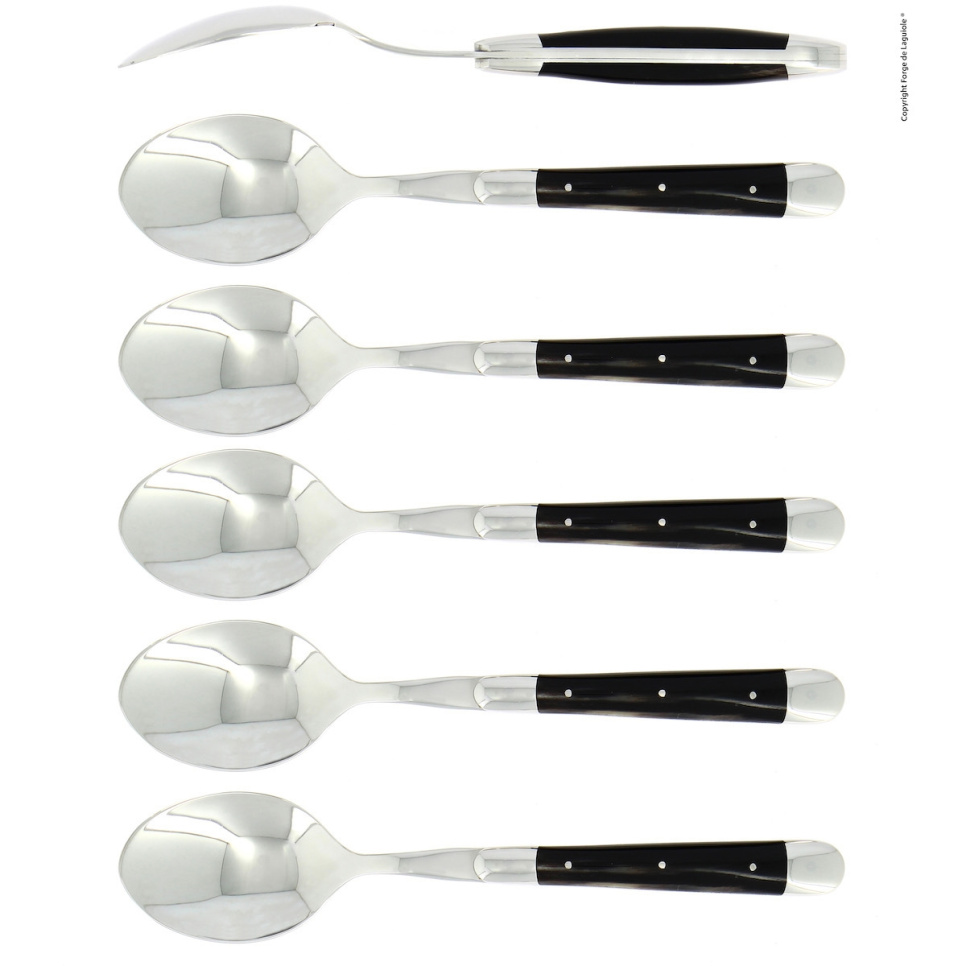 Sex skedar, Handtag av Mörkt Horn, blank, Tradition - Forge de Laguiole i gruppen Dukning / Bestick / Skedar hos KitchenLab (1446-32941)