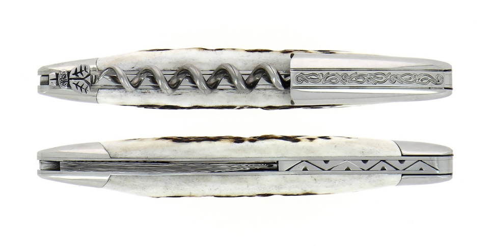 Sommelierkniv av Hjorthorn, damaskerad m dekor, Collection - Forge de Laguiole