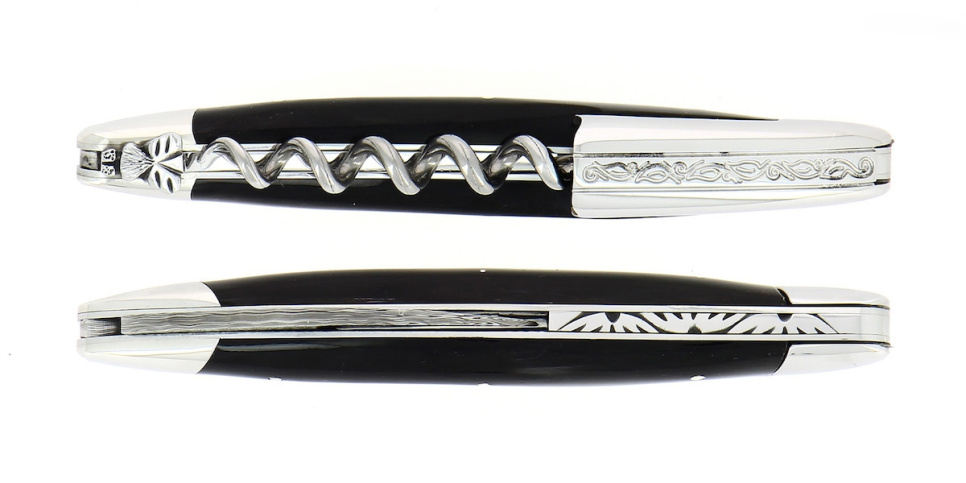 Sommelierkniv av Mörkt Horn, damaskerad m dekor, Collection - Forge de Laguiole