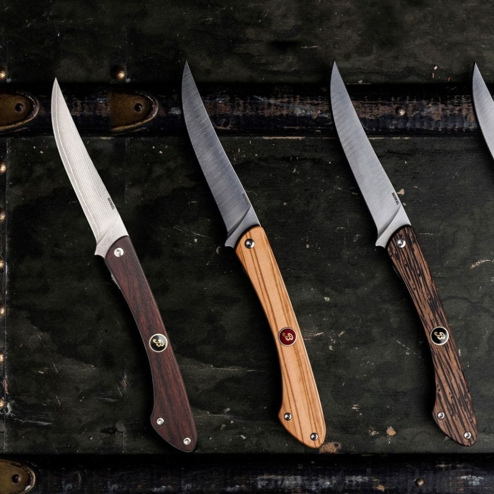 Damaskerad fällkniv 12 cm med handtag i rosenträ - Berkel Damaskerad fällkniv 12 cm med handtag i rosenträ - Berkel